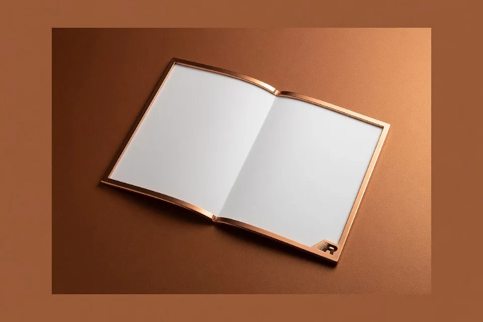 Cuaderno abierto sin texto junto a un marco de color cobre