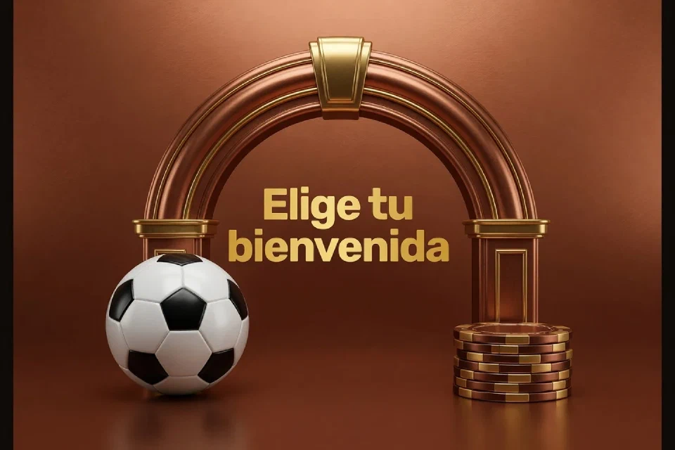 Balón y fichas a ambos lados de un arco de bienvenida